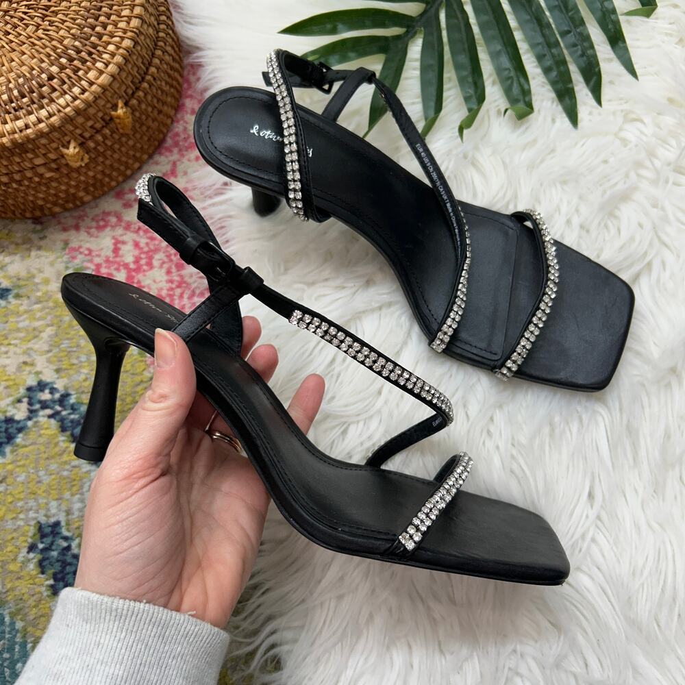 & Other Stories Strappy Heel Heeled Sandal 40 / 9 Black Rhinestone Square Toe